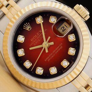 ROLEX DATEJUST WOMENS RED FACTORY DIAMOND 18K GOLD STEEL WATCH